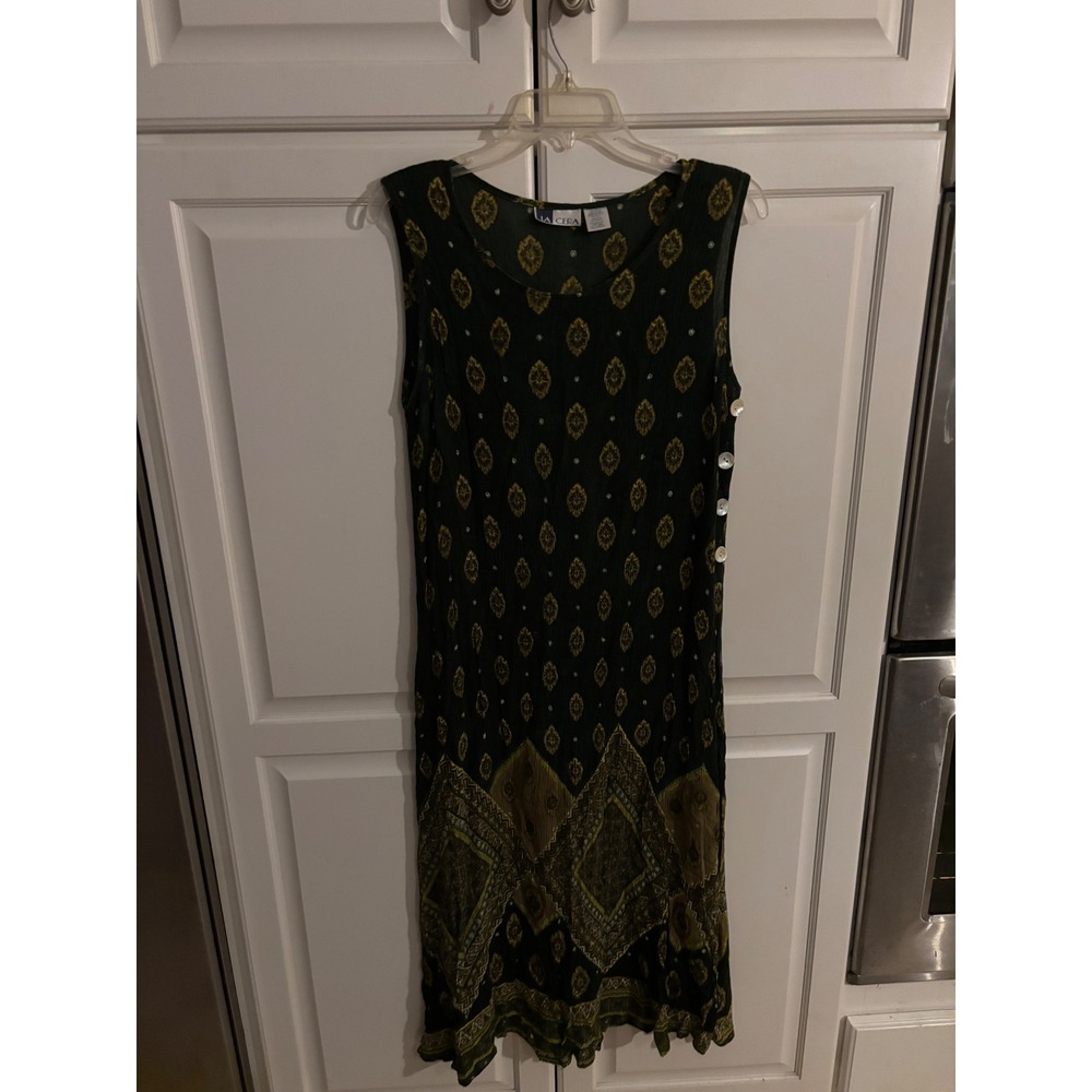 LA CERA Women Medium Green Rayon Paisley Print Sleeveless Midi Dress Buttons‎